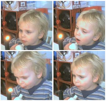 Thomas blows out a candle